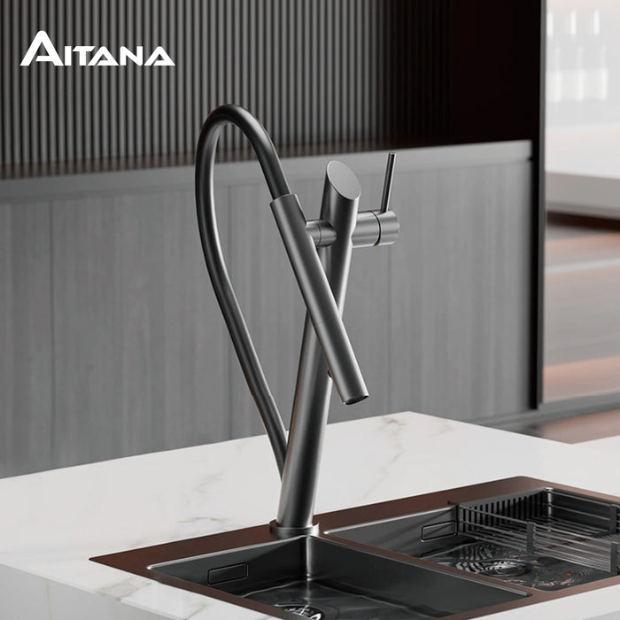 Ausziehbare Küchenarmatur aus Messing für die Küchenspüle – 2 Strahlarten, magnetische Brausehalterung, drehbar, Warm- und Kaltwasser, 5 Farben