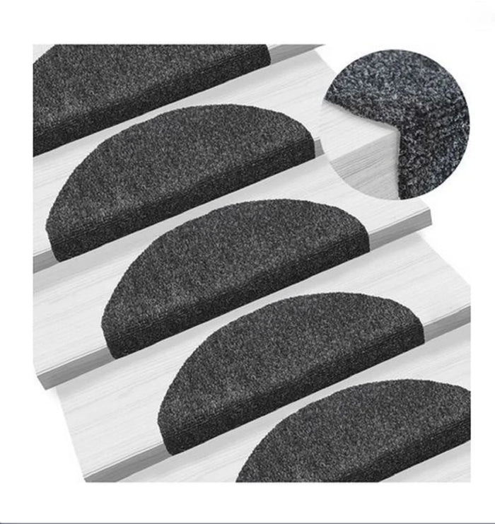 Selbstklebende Stufenmatten aus Polyester für Treppenstufen – 65 × 21 cm, halbrund, schalldämmend, pflegeleicht, 15er-Set, Schwarz