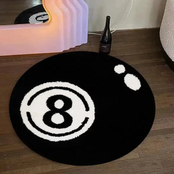 Runder schwarzer Teppich mit 8-Ball-Motiv für Wohnzimmer, Schlafzimmer und Eingang – Ø 60 bis 160 cm, bedruckt, rutschfest, waschbar