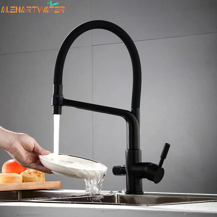 Küchenarmatur mit Doppelauslauf für gefiltertes Trinkwasser für die Küchenspüle – flexibler Schlauchbogen, 360° drehbar, Messing, 45 cm, 6 Farben