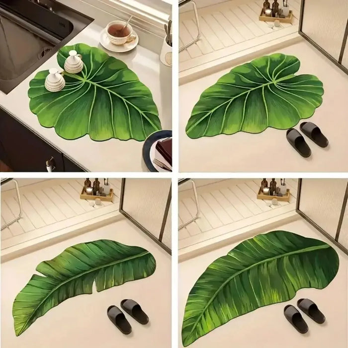 Badematte in Blattform aus Diatomit für Bad, Dusche und Küche – 40 × 50 bis 50 × 80 cm, grünes Blattmotiv, schnell trocknend, rutschfest, 3 Motive