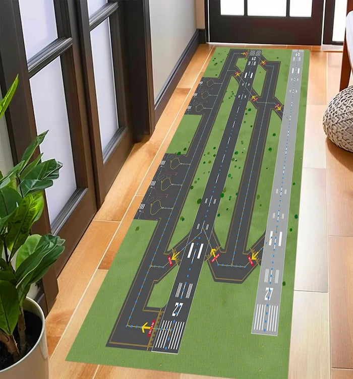 Teppich im Luftfahrt-Design mit Flughafen-Landebahn für Wohnzimmer und Schlafzimmer – 40 × 120 oder 50 × 150 cm, beflockt, rutschfest, 6 Motive
