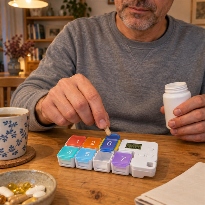 Elektronische Tablettenbox für die Woche für Zuhause und Reisen – Wochen-Pillendose mit Fächern, Bunt, Blau, Schwarz oder Rosa