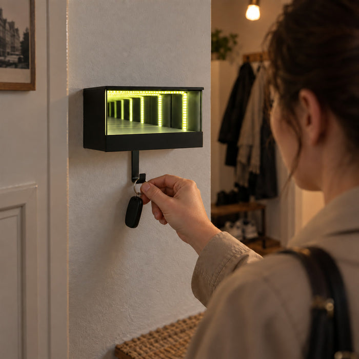 Schlüsselbrett mit Infinity-LED-Tunnel aus dem 3D-Druck für Flur, Garderobe und Eingang – zur Wandmontage, Schlüsselhaken, ca. 15,5 × 7,7 × 7 cm
