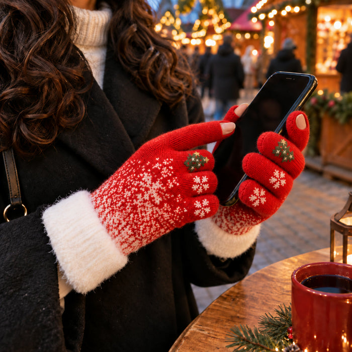 Weihnachtliche Strickhandschuhe mit offener Daumen- und Zeigefingerspitze für Winter und Advent – Tannenbaummotiv, Grün, Rot oder Weiß