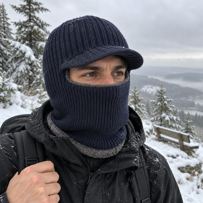 Strick-Balaclava mit Schirm für Winter, Radfahren und Wandern – Kopf- und Halswärmer mit Mützenschirm, in 4 Farben