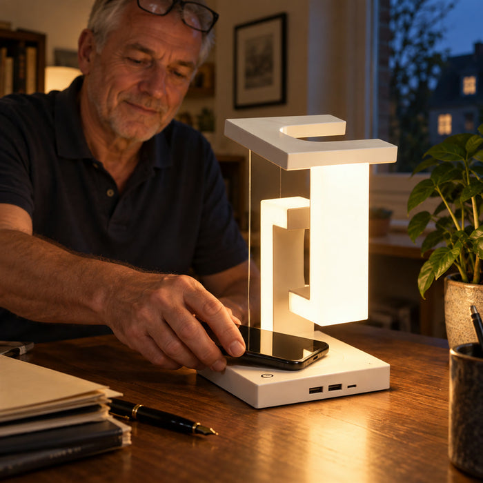 Schwebende Tischlampe mit kabellosem Ladegerät für Nachttisch, Schreibtisch und Wohnzimmer – Leuchtkörper mit Schwebe-Effekt, Ladefläche im Sockel