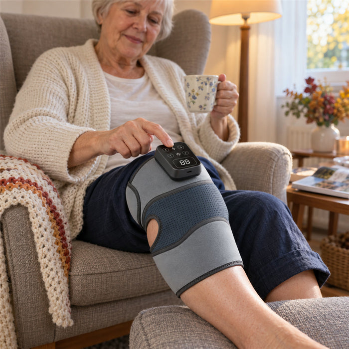 Kabelloses Knie-Massagegerät mit Wärme und Vibration für zu Hause und unterwegs – 5 Wärmestufen, 3 Vibrationsmodi, 5000-mAh-Akku