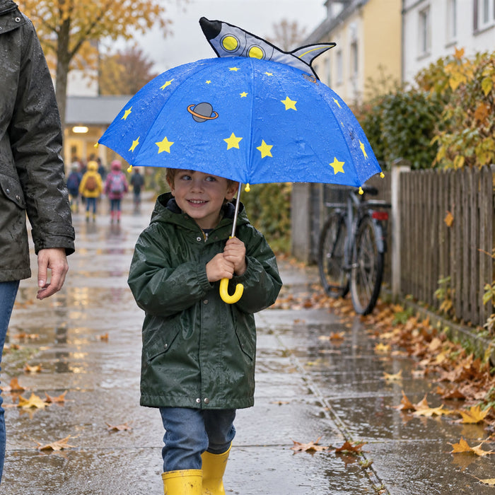 Kinderregenschirm mit 3D-Aufsatz und Tiermotiven für Kita- und Schulweg – bunt bedruckt, 14 Motive von Rakete bis Marienkäfer