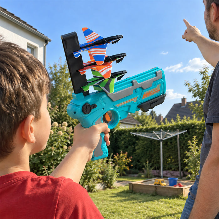 Flugzeug-Startset mit Startvorrichtung für Kinder für Garten, Park und Strand – Gleiter-Spielzeug, Gelb oder Blau