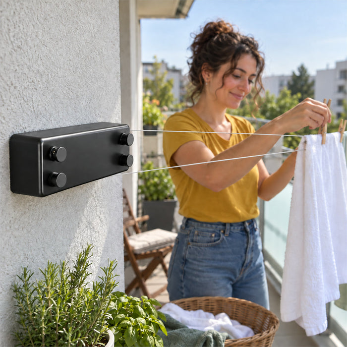 Ausziehbare Wäscheleine zur Wandmontage mit 2 Leinen für Balkon, Bad und Waschküche – bis 4,2 m, bis 20 kg belastbar, Schwarz, Silber oder Weiß