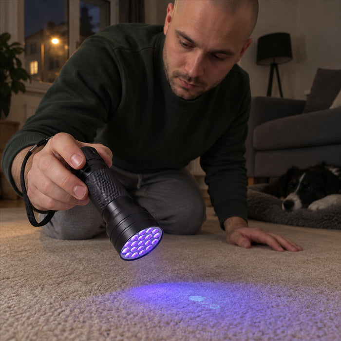 UV-Taschenlampe mit 21 LEDs zum Aufspüren von Flecken und Prüfen von Geldscheinen – Taschenformat, ca. 9,4 cm, Ein-Knopf-Bedienung, Batterie
