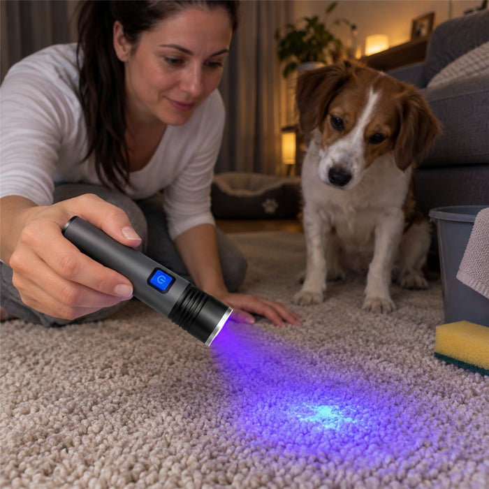 UV-Taschenlampe mit 395 nm aus Aluminium für Haustierflecken, Geldscheinprüfung und Inspektion – Zoom, 3 Modi, USB-Akku, IPX4, Standfuß