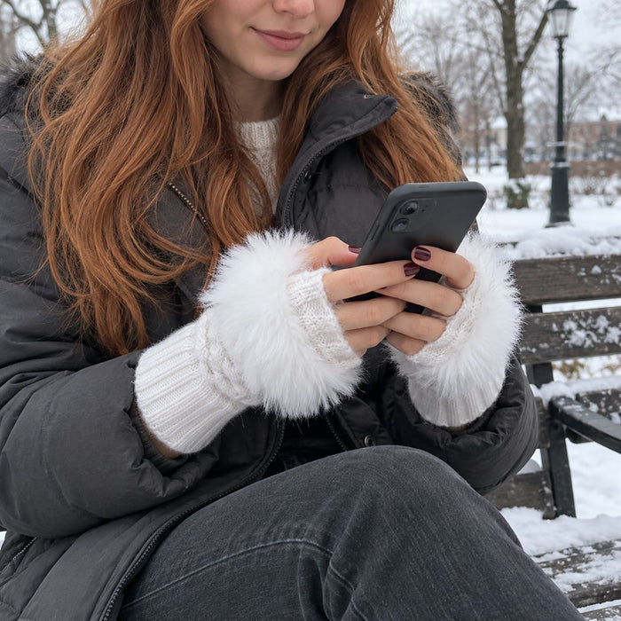Fingerlose Strickhandschuhe mit Kunstfellbesatz für Damen zum Tippen am Smartphone im Winter – Pulswärmer mit Daumenloch, 10 Farben