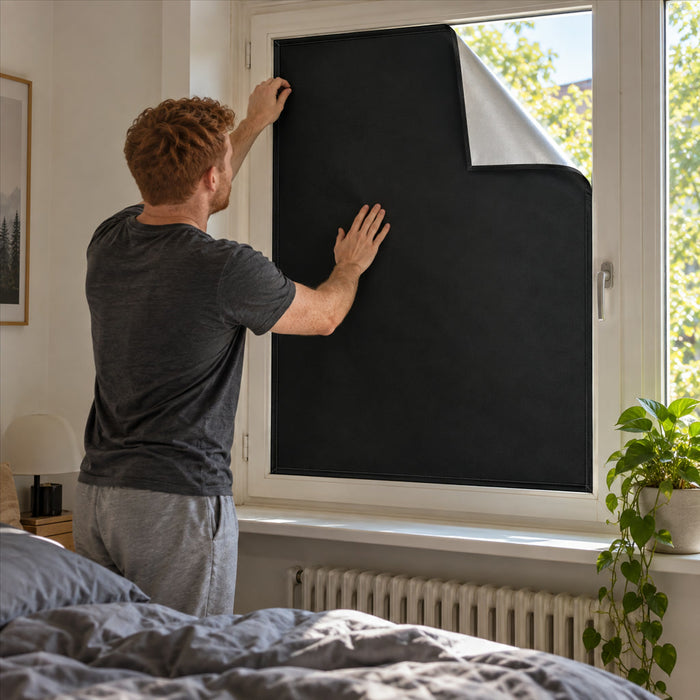 Verdunkelungsstoff für Fenster in Schlafzimmer, Kinderzimmer und Büro – 145 × 99 bis 145 × 399 cm, blickdicht, silberne Rückseite, Schwarz