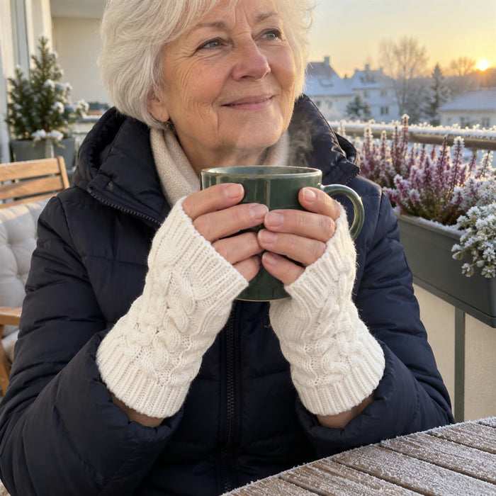 Fingerlose Strickhandschuhe mit Zopfmuster für Damen für Winteralltag, Büro und Smartphone – Armstulpen mit Daumenloch, Weiß, Schwarz oder Grau