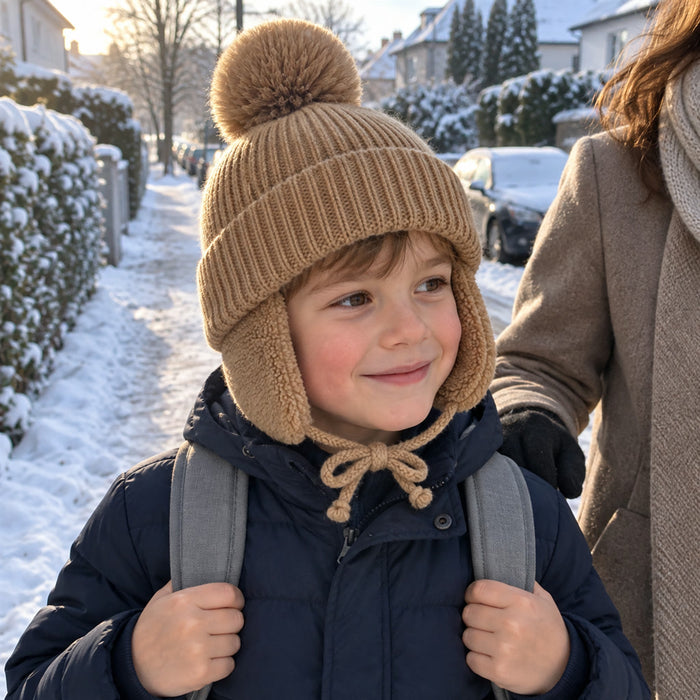 Kinder-Strickmütze mit Ohrenklappen für Winter, Spielplatz und Schulweg – Wintermütze für Kinder, 7 Farben von Beige bis Braun