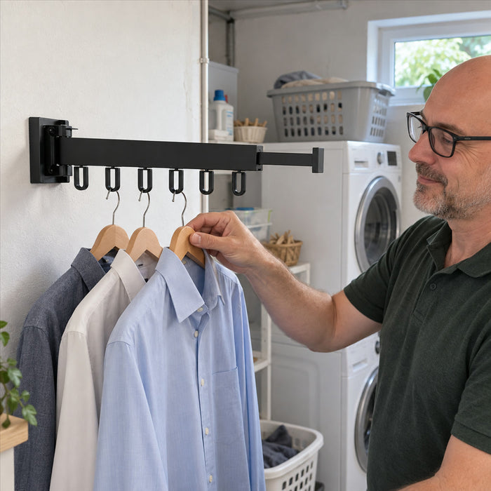 Ausklappbare Wand-Kleiderstange zum Trocknen und Aufhängen für Bad, Waschküche und Balkon – 30 cm plus 24 cm Auszug, 6 Bügelösen, 180° schwenkbar