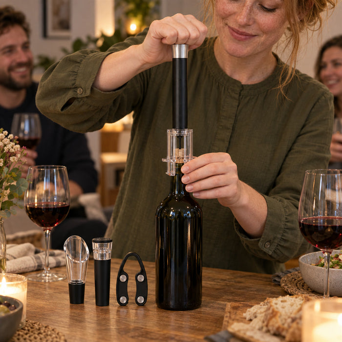 Weinöffner-Set mit Luftdruck-Technik für Küche, Bar und Weinabend – 4-teilig mit Folienschneider, Ausgießer und Vakuumstopfen