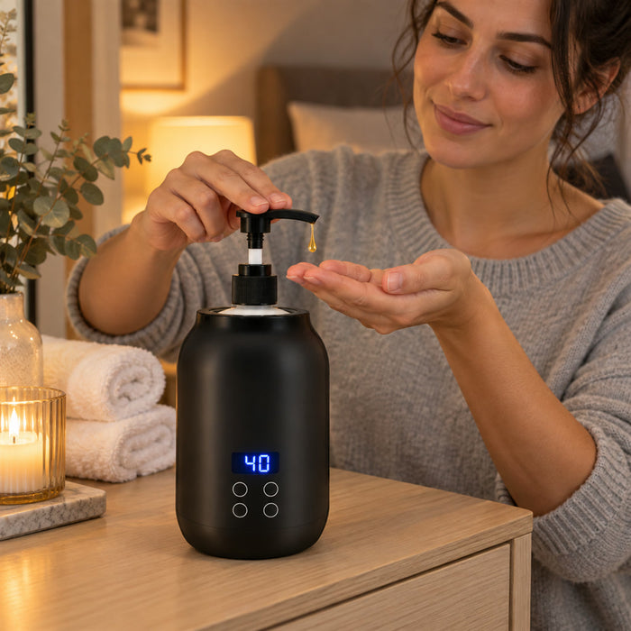 Massageöl-Wärmer mit Digitalanzeige und Timer für Massage und Wellness zu Hause – Ölwärmer mit 2 Pumpflaschen à 300 ml
