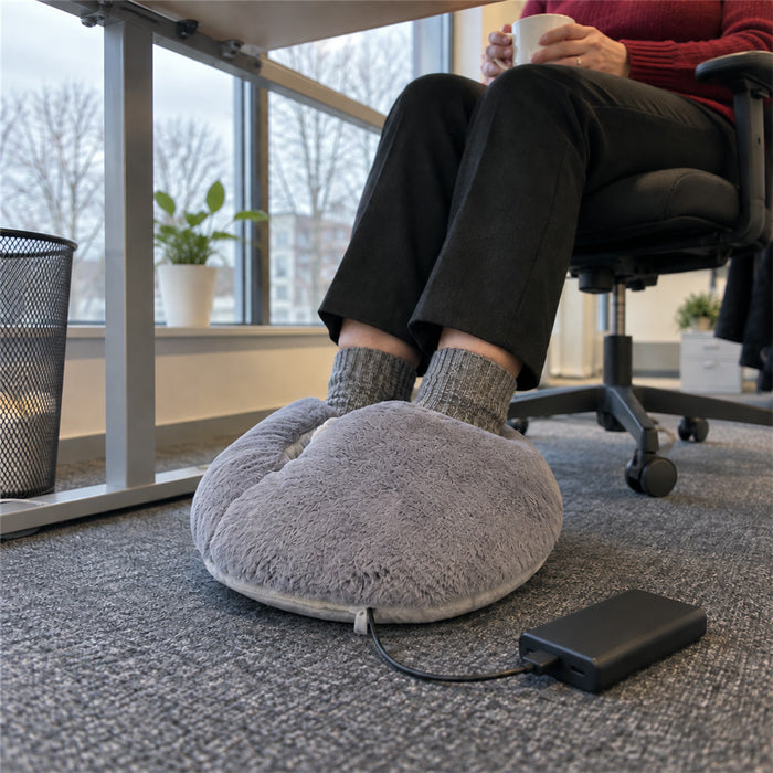 Elektrischer XL-Fußwärmer aus grauem Plüsch mit mehreren Heizstufen für Zuhause und Büro – USB-Anschluss, waschbares Innenfutter, Abschaltautomatik