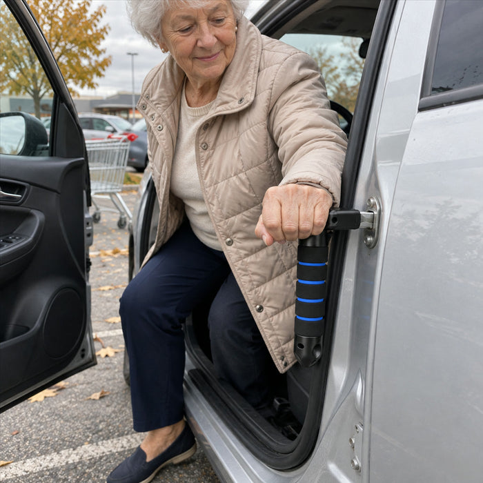 Auto-Einstiegshilfe mit rutschfestem Haltegriff für Senioren und Schwangere – Aluminium und ABS, Gurtschneider, Glasbrecher, Blau oder Rot