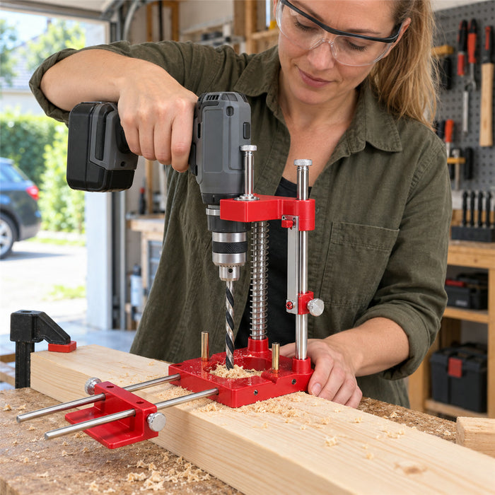 Verstellbare Bohrlehre für senkrechte Bohrungen in Holz bis ca. 5 cm Durchmesser – für Kanten-, Flächen-, T- und L-Verbindungen, Rot oder Schwarz
