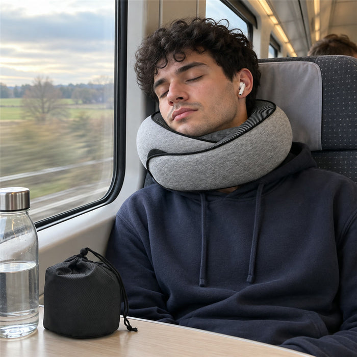 Nackenkissen in Schneckenform aus Memory-Schaum für Flugreisen, Autofahrten und Camping – stützt Kinn und Nacken, faltbar, mit Tasche, 2 Grautöne