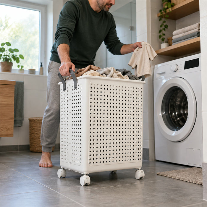 Rollbarer Wäschekorb als Wäschesammler für Bad, Schlafzimmer und Hauswirtschaftsraum – mit Rollen, schieben statt tragen, für glatte Böden