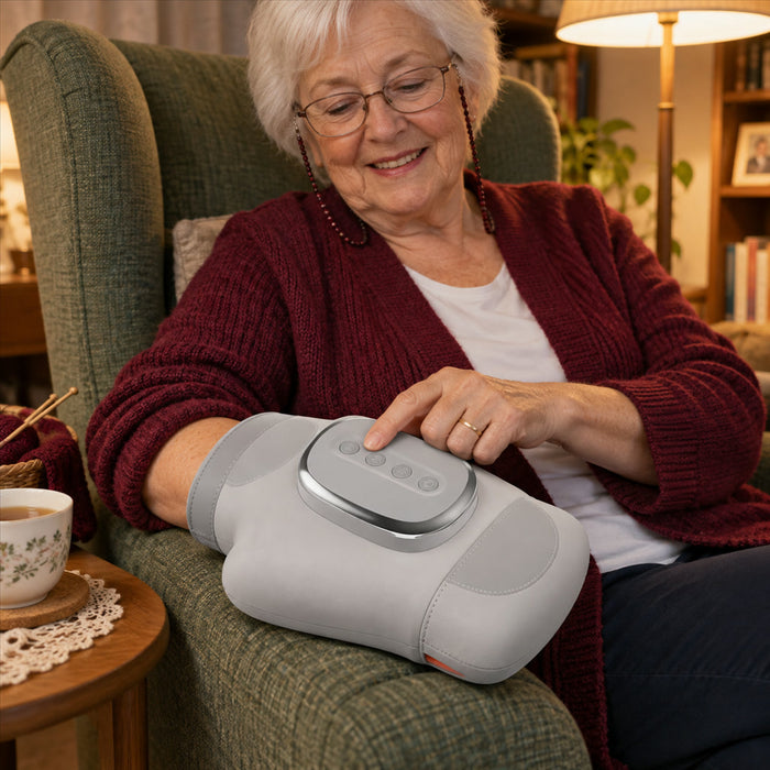 Elektrisches Hand-Massagegerät in Handschuhform mit 14 Luftkissen und Wärme für Finger, Handfläche und Handgelenk – 3 Modi, 5 Stufen, Akku, USB-C