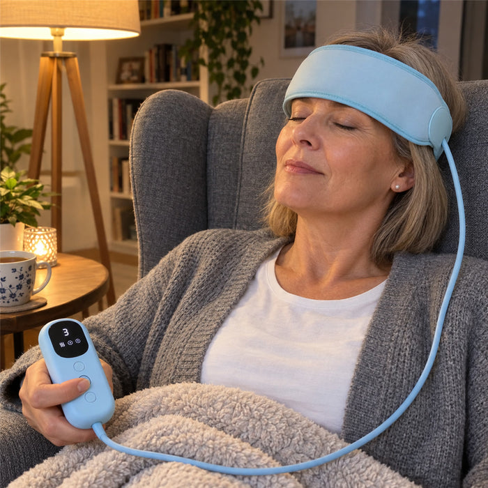 Kopfmassagegerät mit 6 Luftkissen und Wärmefunktion für Kopf, Stirn und Kopfhaut – 42 bis 50 °C, 3 Modi, 3 Stufen, Akku, auch für Waden und Arme