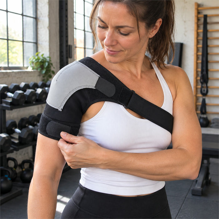 Schulterbandage aus Neopren mit Kompression und Kühlpad-Tasche für die linke oder rechte Schulter – Schulterbreite 25–40 cm, Doppelschnalle, Klett