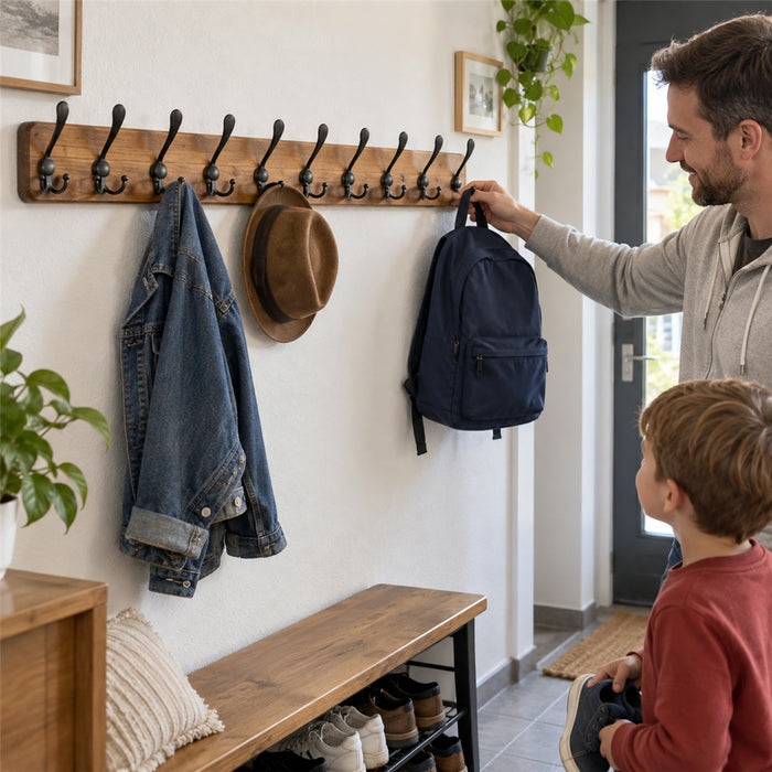 Lange Wandgarderobe aus Massivholz mit 10 Dreifachhaken für Eingang, Flur und Bad – 98 cm lang, 30 Hängepunkte, 20 mm stark, vormontiert