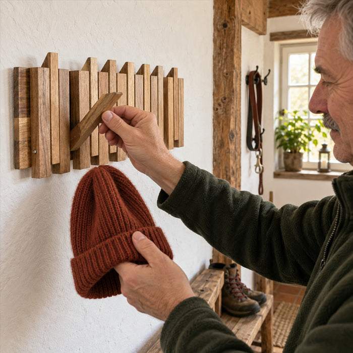 Rustikale Wandgarderobe aus Akazienholz mit 8 magnetischen Klapphaken für Eingang, Flur und Bad – Wachsöl-Finish, handgefertigt, gerade oder versetzt