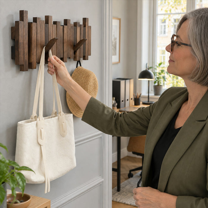 Wandgarderobe aus Akazienholz mit magnetischen Klapphaken für Eingang, Schlafzimmer und Büro – bis 13,6 kg je Haken, 5 oder 7 Haken, zwei Brauntöne