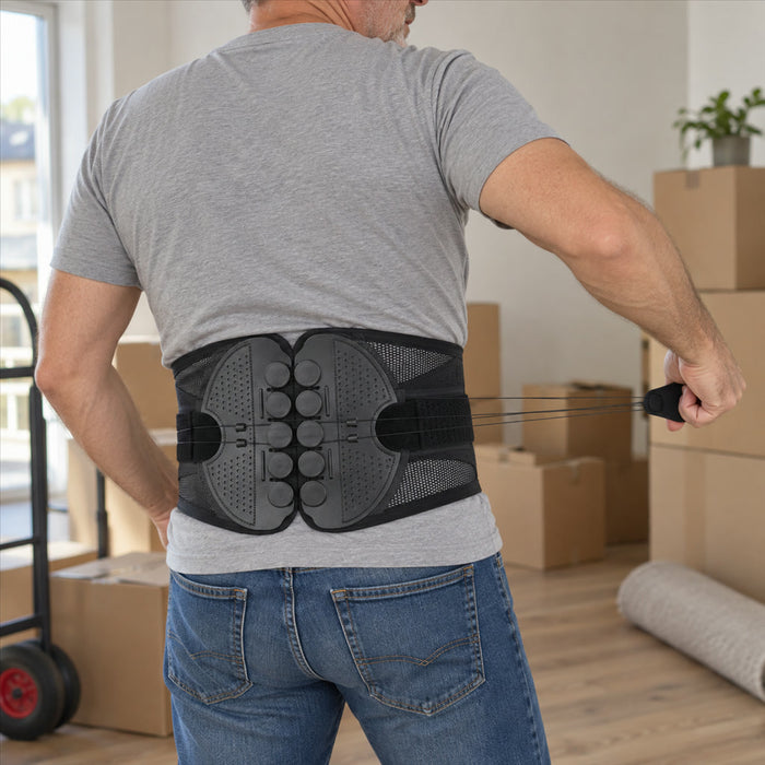 Rückenbandage für den Lendenbereich mit Flaschenzug-System für Alltag, Arbeit und Sport – Größen S bis 2XL, Nylon, Klettverschluss, Mesh-Einsätze
