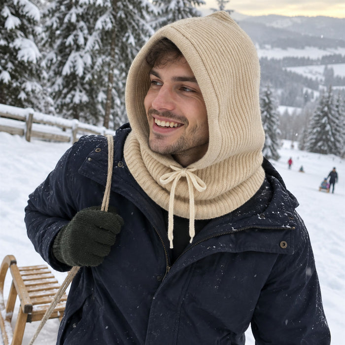 Strick-Balaclava mit Kapuze und Nackenwärmer für Winter, Wintersport und Radfahren – Sturmhaube, 5 Farben von Grau bis Beige