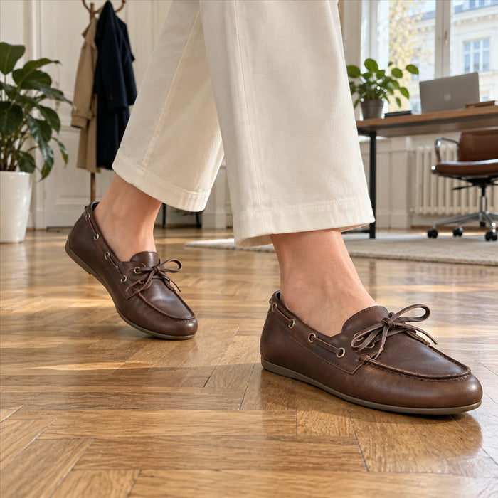 Damen-Mokassins aus echtem Rindleder mit Schnürung und Patchwork-Details für Büro und Freizeit – 1 cm Absatz, TPR-Sohle, Braun, Beige oder Weiß