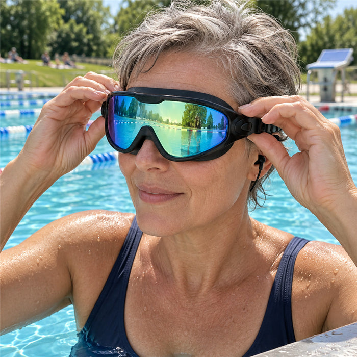 Weitwinkel-Schwimmbrille mit verspiegelten Gläsern für Hallenbad, Freibad und See – Anti-Beschlag, UV-Schicht, Ohrstöpsel, Schnellverschluss