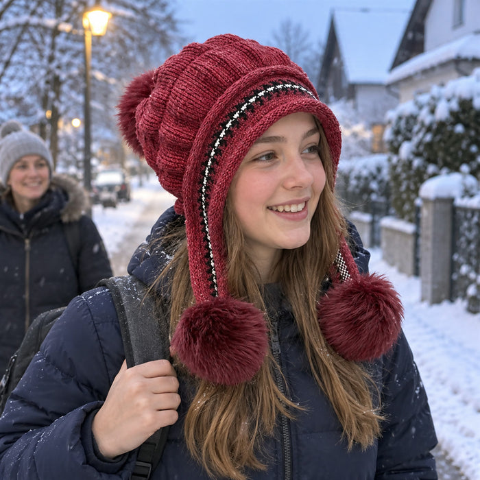 Strickmütze mit Ohrenklappen, Fleecefutter und Fellbommeln für kalte Tage, Arbeitsweg und Schule – Bommelmütze mit Bindebändern, 5 Farben