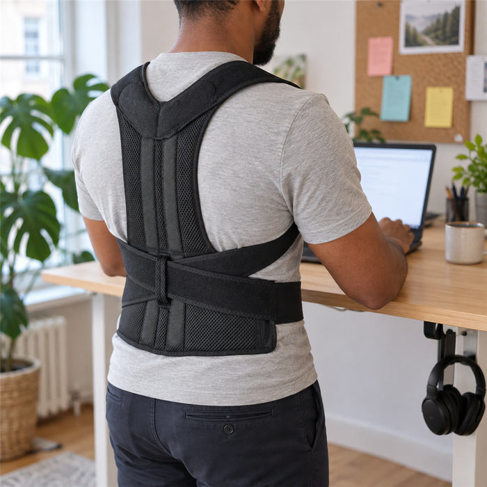 Rücken-Geradehalter mit Schultergurten und breitem Lendengurt für Büro, Homeoffice und Bildschirmarbeit – verstellbar, Schwarz, S bis 3XL