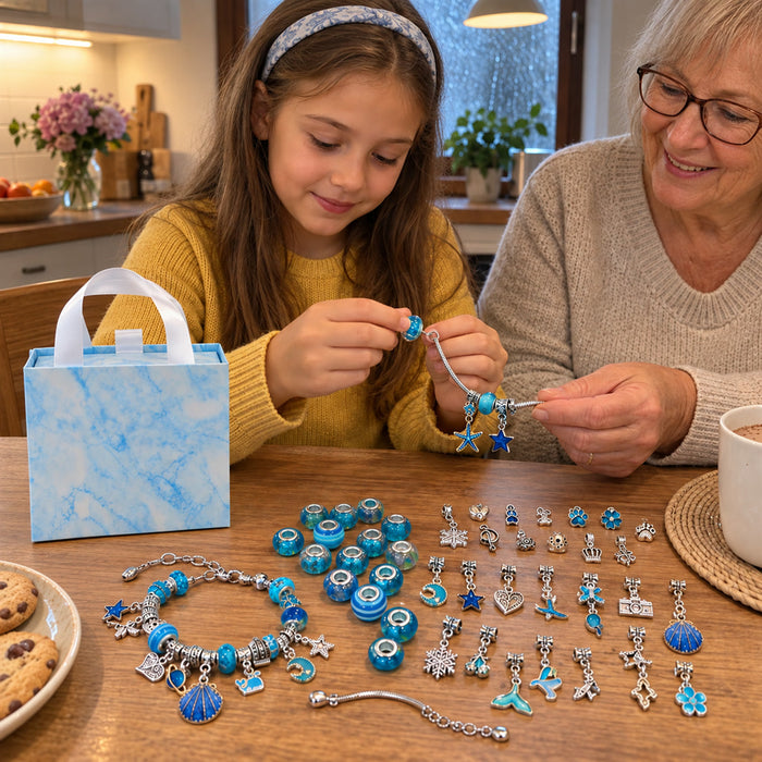 DIY-Schmuck-Bastelset zum Gestalten eigener Ketten und Armbänder für Bastelabende und Geschenke – Blau, Rosa oder Lila