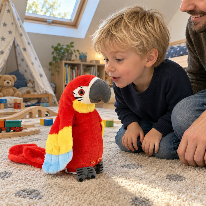 Sprechender Plüsch-Papagei mit Musik für Kinderzimmer und Familienalltag – Kuscheltier, das nachspricht, Rot, Blau oder Grün
