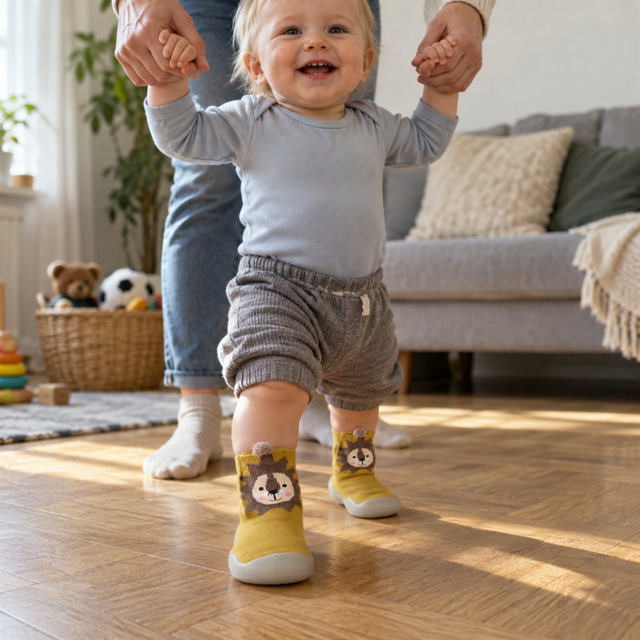 Baby-Schuhsocken mit weicher Sohle und Tiermotiv für Krabbeln und erste Schritte – 0 Monate bis 3 Jahre, 6 Motive