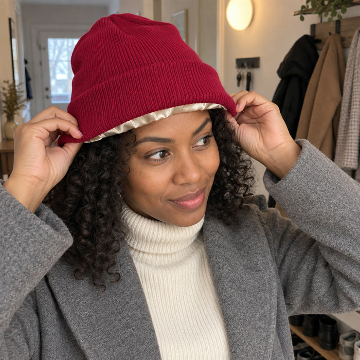 Damen-Beanie mit Satinfutter gegen Frizz für Herbst und Winter – Strickmütze mit glattem Innenfutter, Weiß, Schwarz, Rot, Grau