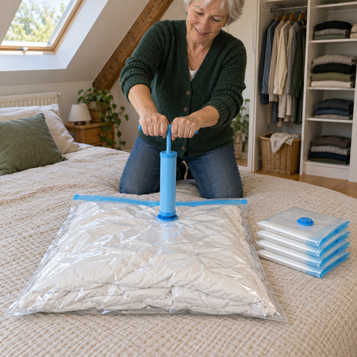 Vakuumbeutel für Kleidung und Bettdecken im 5er-Set mit Handpumpe für Schrank und Koffer – 30 × 50 bis 60 × 80 cm, 4 Größen, PA/PE-Folie