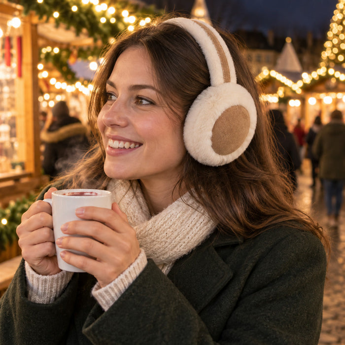 Plüsch-Ohrenwärmer mit Kopfbügel für Damen im Winter – weiche Ohrpolster, zusammenklappbar, für Kopfumfang 54–58 cm, in Beige, Schwarz, Grau und Weiß