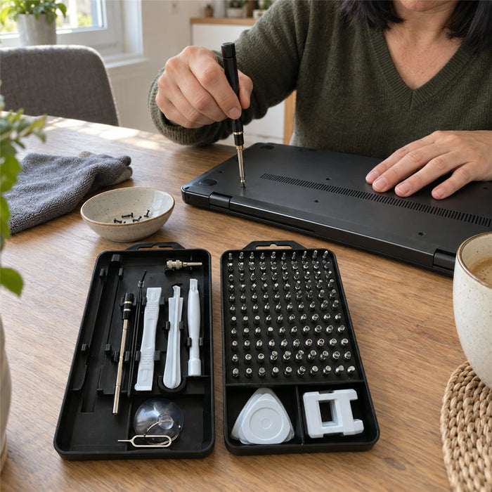 Präzisions-Schraubendreher-Set 115-teilig mit 98 Bits für Handy, Laptop, Konsole und Uhr – Chrom-Vanadium, flexible Welle, Magnetisierer, Koffer