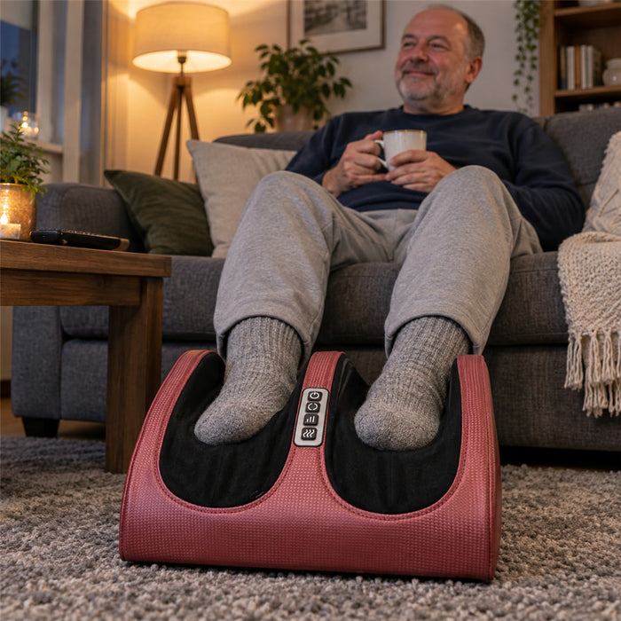 Elektrisches Fußmassagegerät mit 12 rotierenden Massagekugeln und Wärmefunktion für Zuhause, Büro und Reisen – 3 Stufen, 15-Minuten-Timer, PU-Leder
