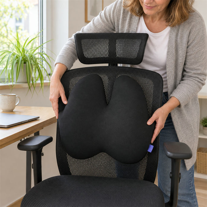 Ergonomisches Lendenkissen aus Memory-Schaum für Bürostuhl, Autositz und Sofa – verstellbarer Gurt, 3 Stützzonen, waschbarer Bezug